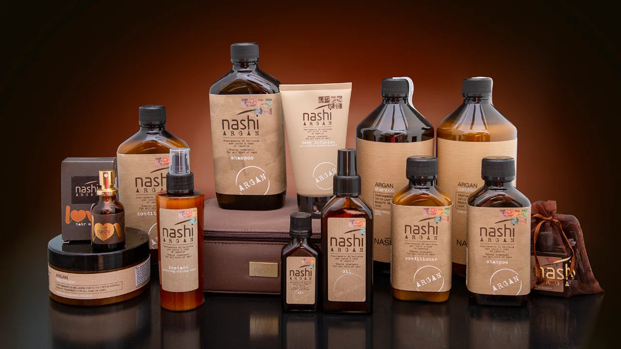 Официална снимка на класическата серия Nashi Argan: шампоан, балсам, олио и маски